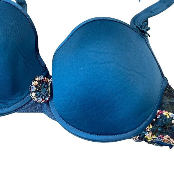 Chantelle Embroidered Lace Underwire Bra 32D Cup Adjustable Straps Blue & Multic - Picture 2 of 5